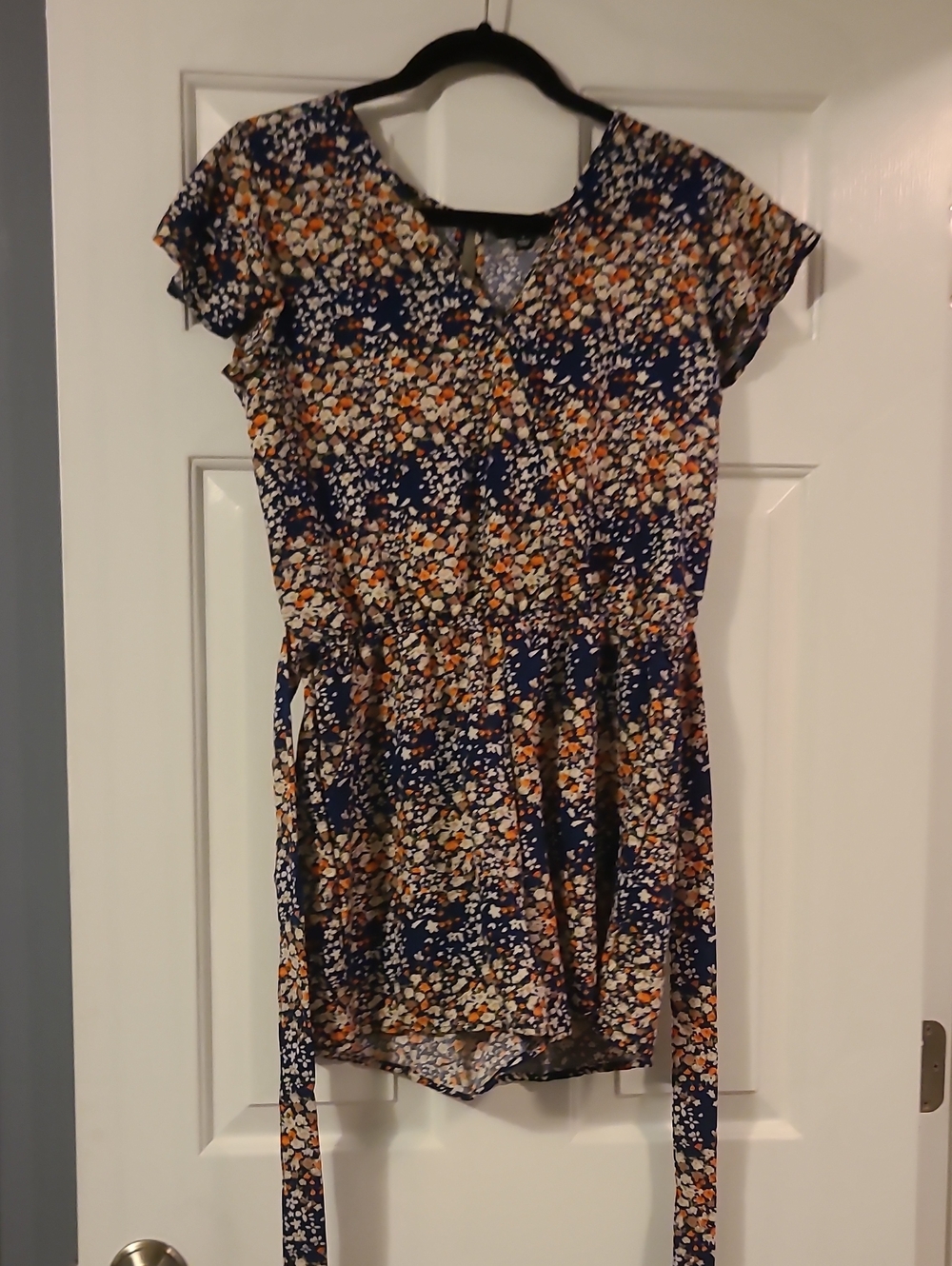 Floral V-Neck Short Sleeve Romper in Navy and Orange